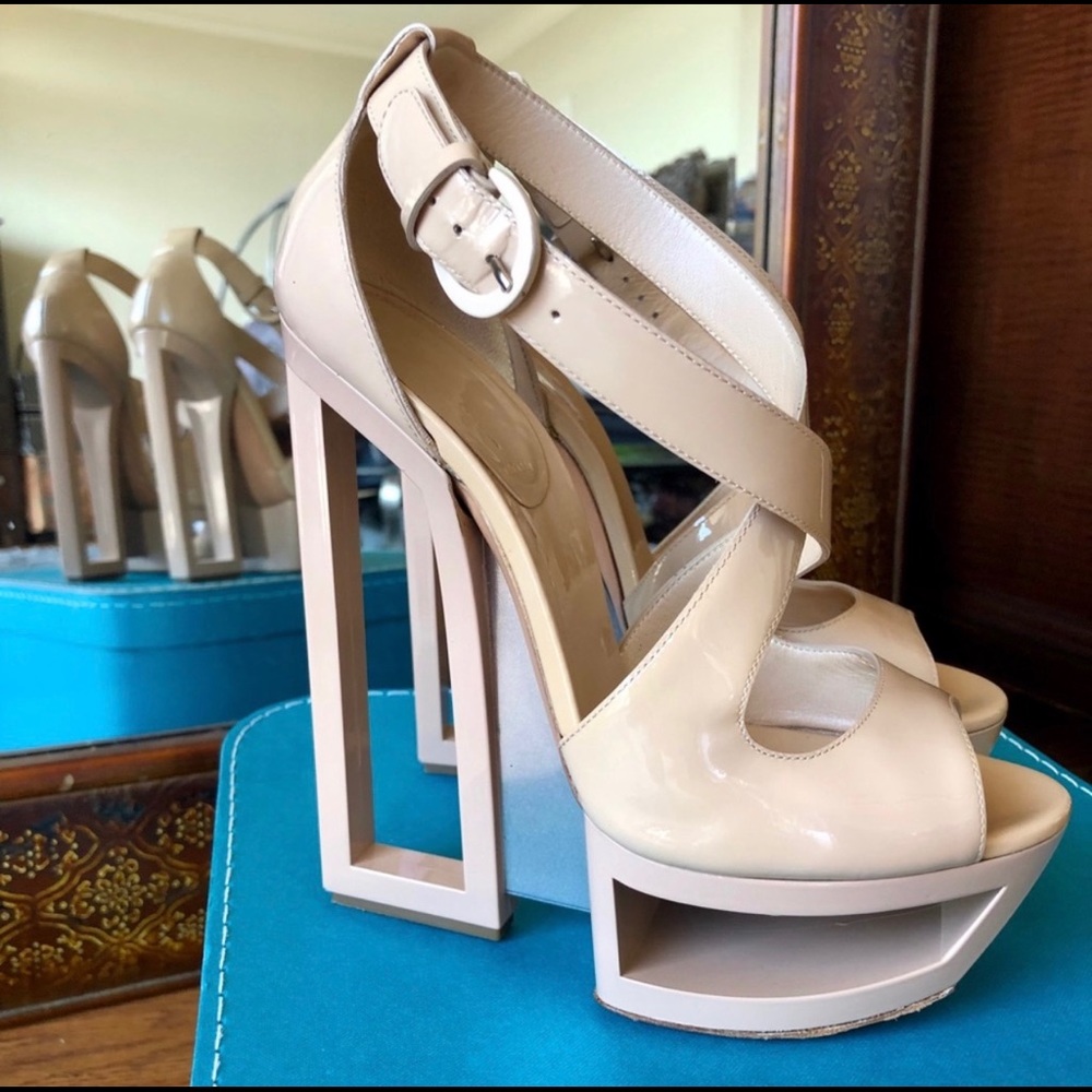 Casadei 150mm leather & patent crossover wedges.